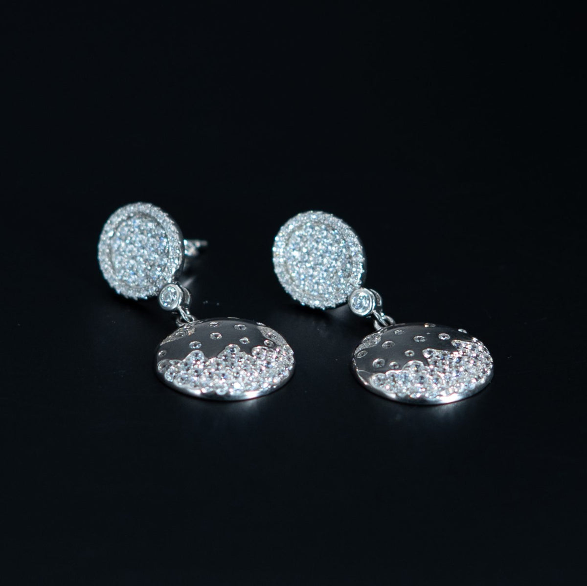 Silver Pave Disc Drop Earrings