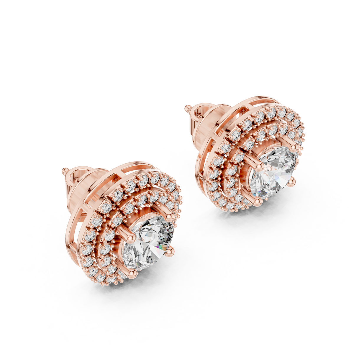 Round Double Halo Lab-Grown Diamond Stud Earrings