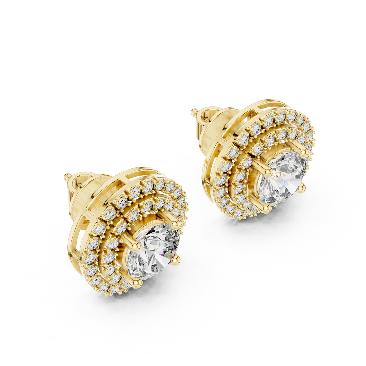 Round Double Halo Lab-Grown Diamond Stud Earrings