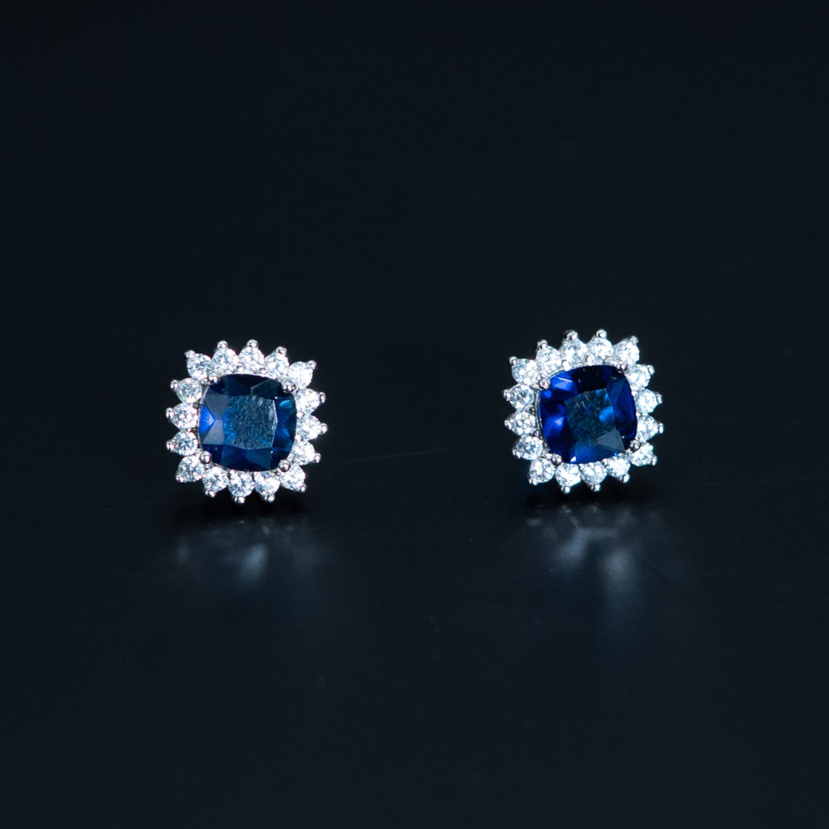 Silver Sapphire Halo Studs