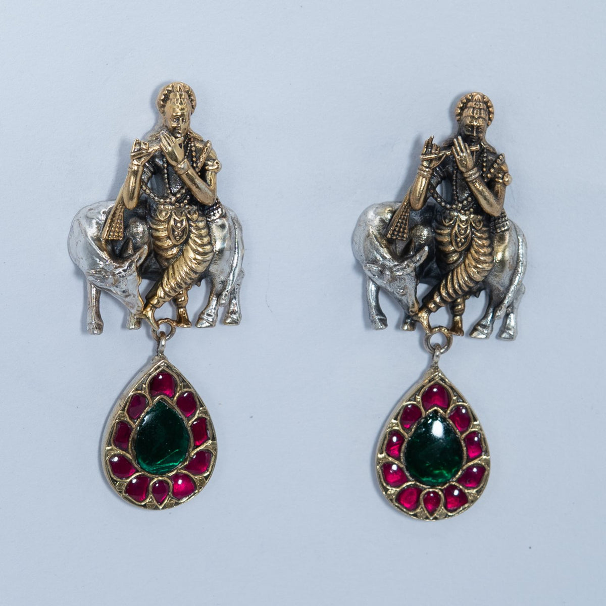 Antique Two-Tone Peacock Drop Earrings