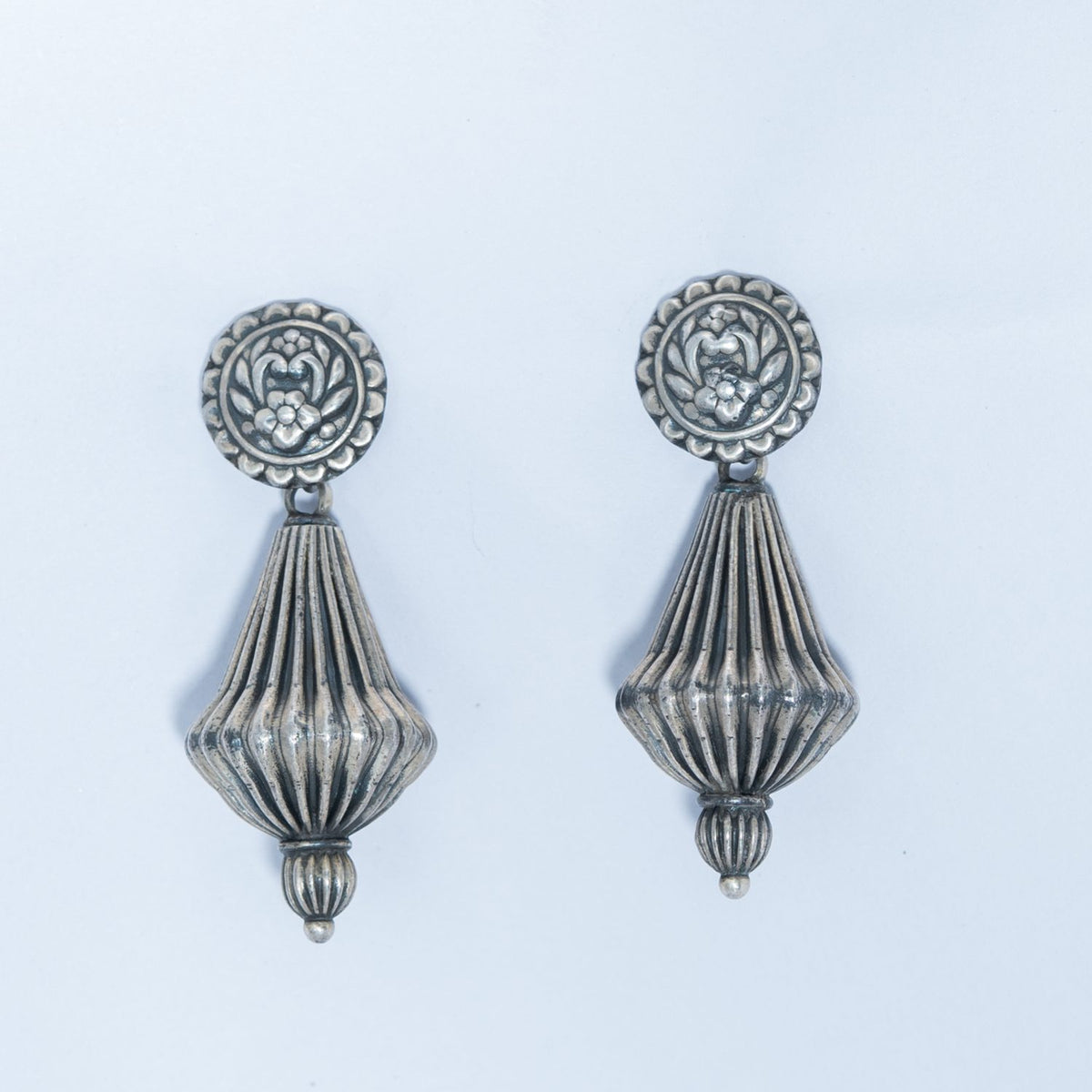 Silver Oxidised Fan Drop Earrings