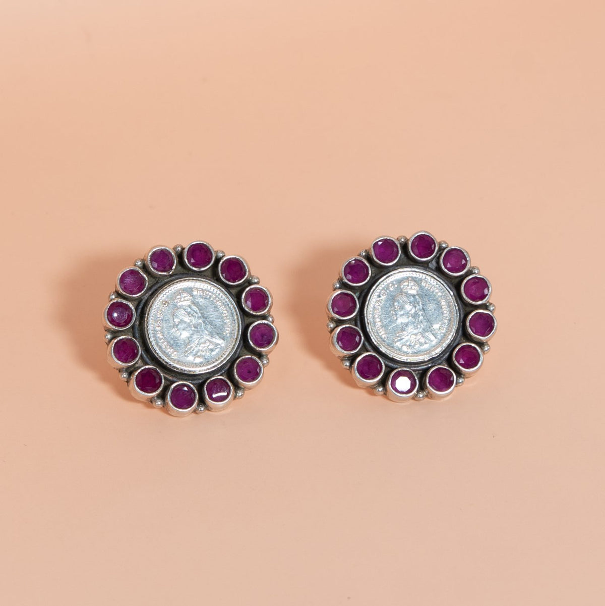 Silver Ruby Floral Disc Earrings