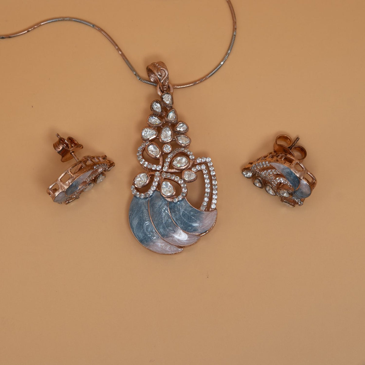 Silver Oxidised Peacock Pendant Set