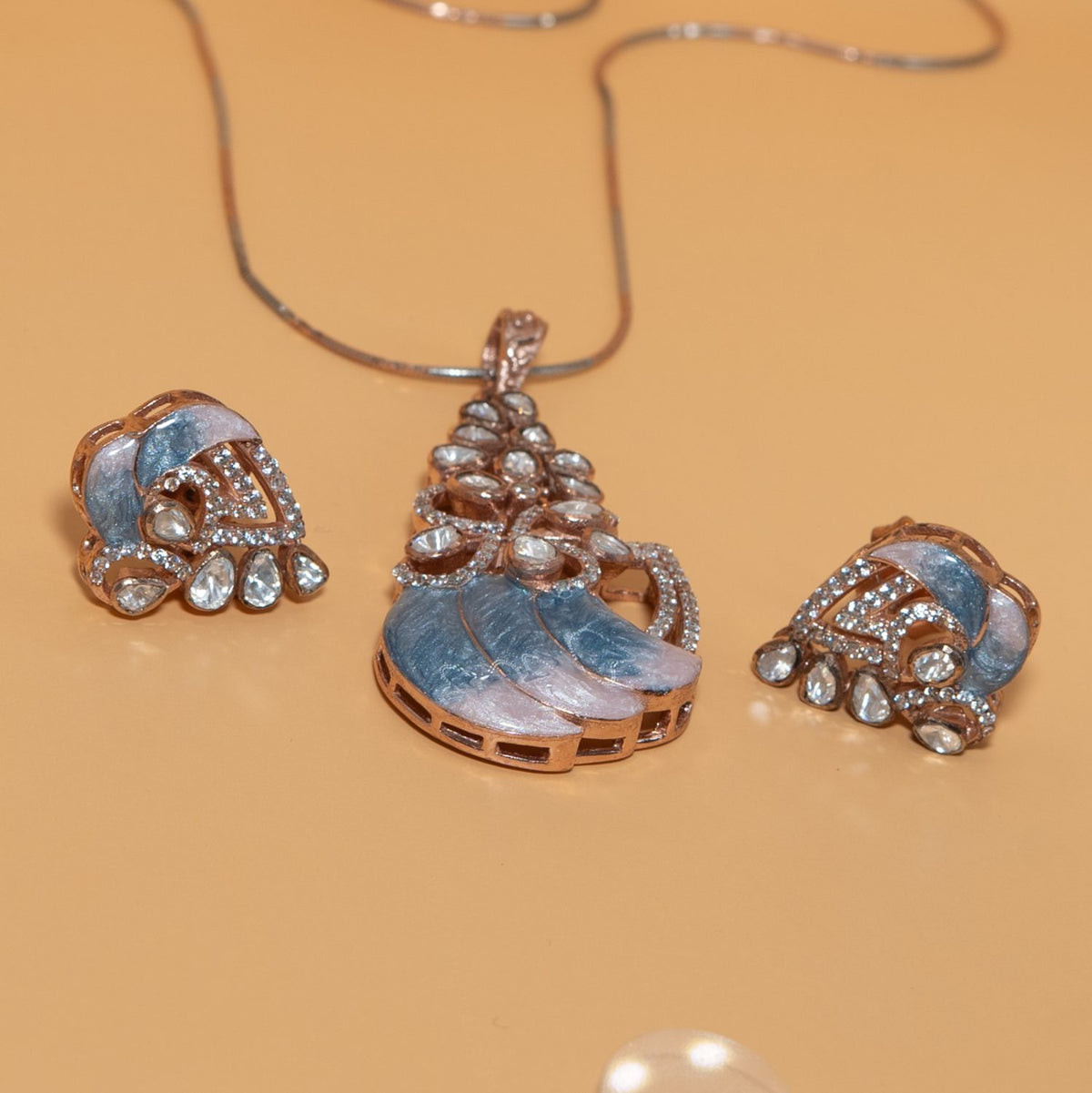 Silver Oxidised Peacock Pendant Set