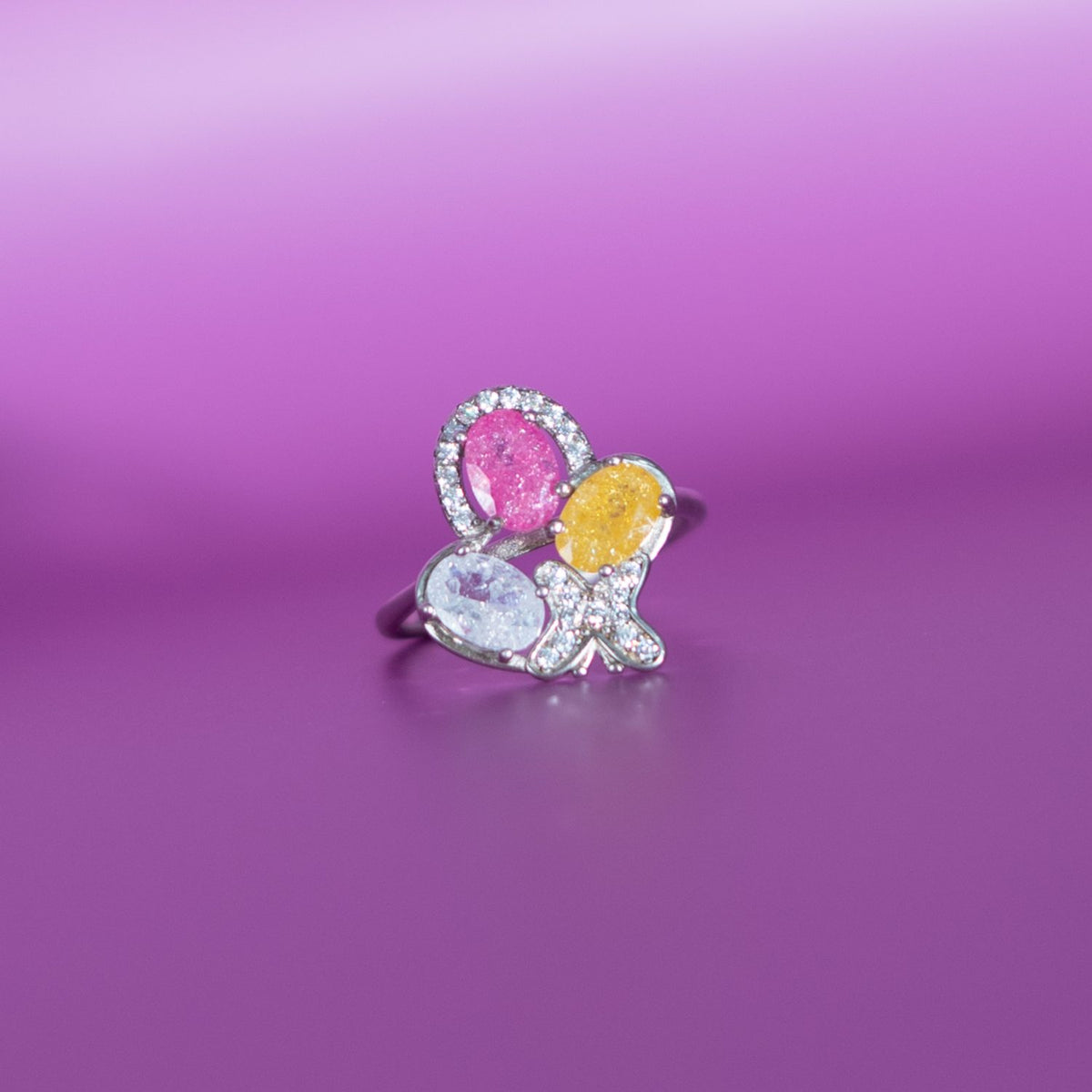 Silver Rainbow Heart Cluster Ring