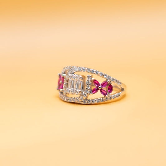 Silver Pink Baguette Band Ring