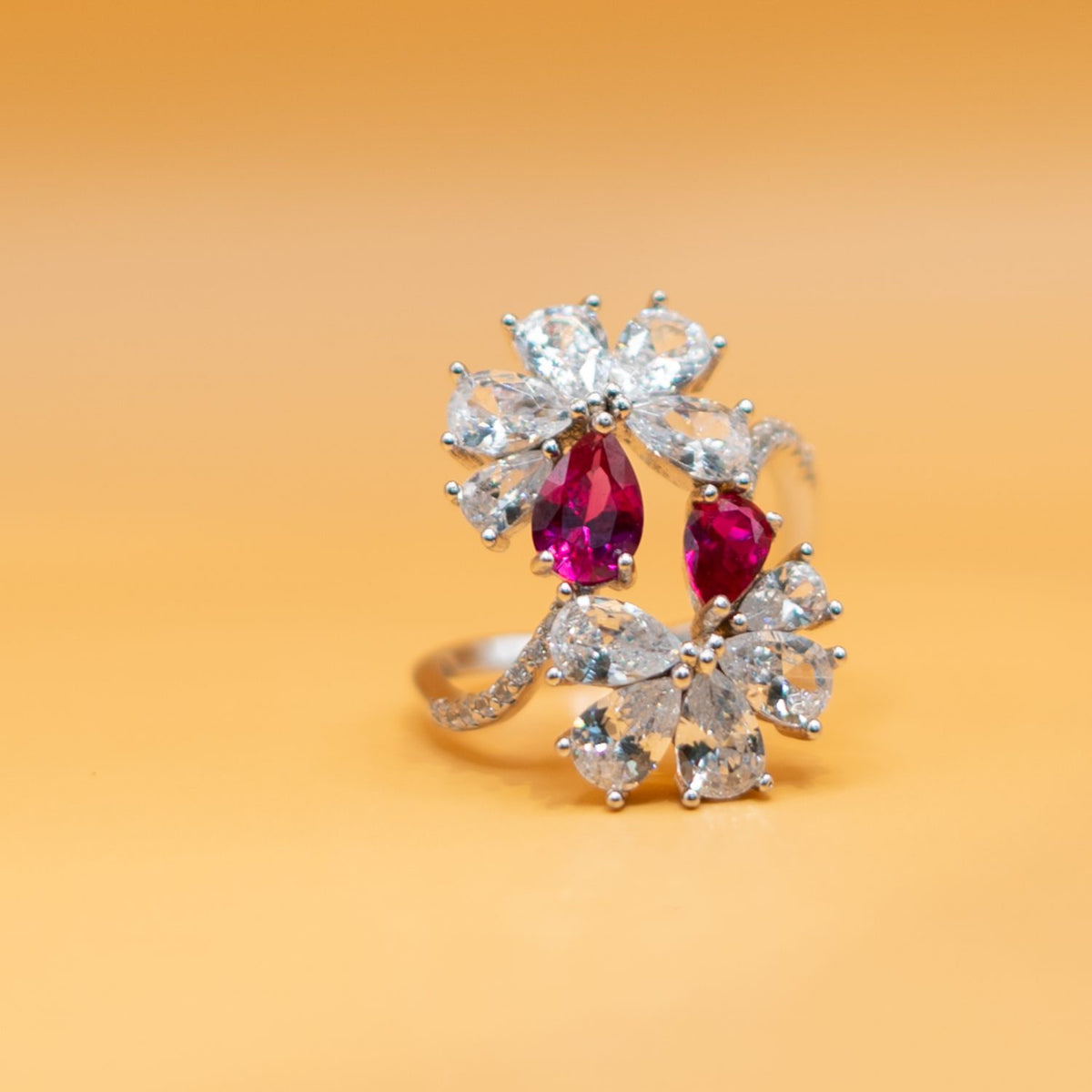 Silver Ruby Floral Cocktail Ring
