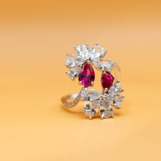 Silver Ruby Floral Cocktail Ring