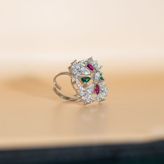 Silver Floral Gemstone Cocktail Ring