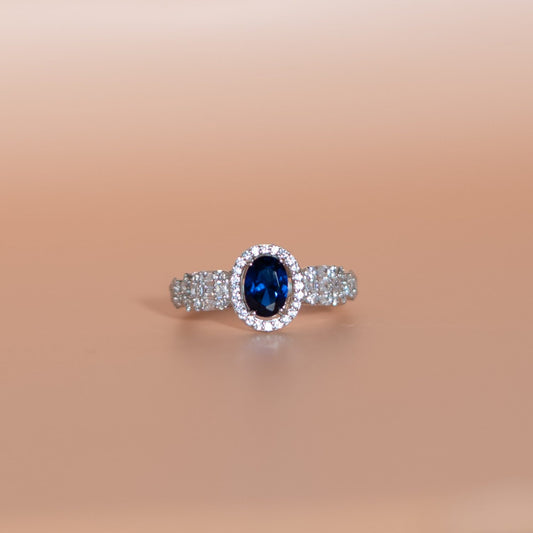 Silver Blue Cushion Halo Ring