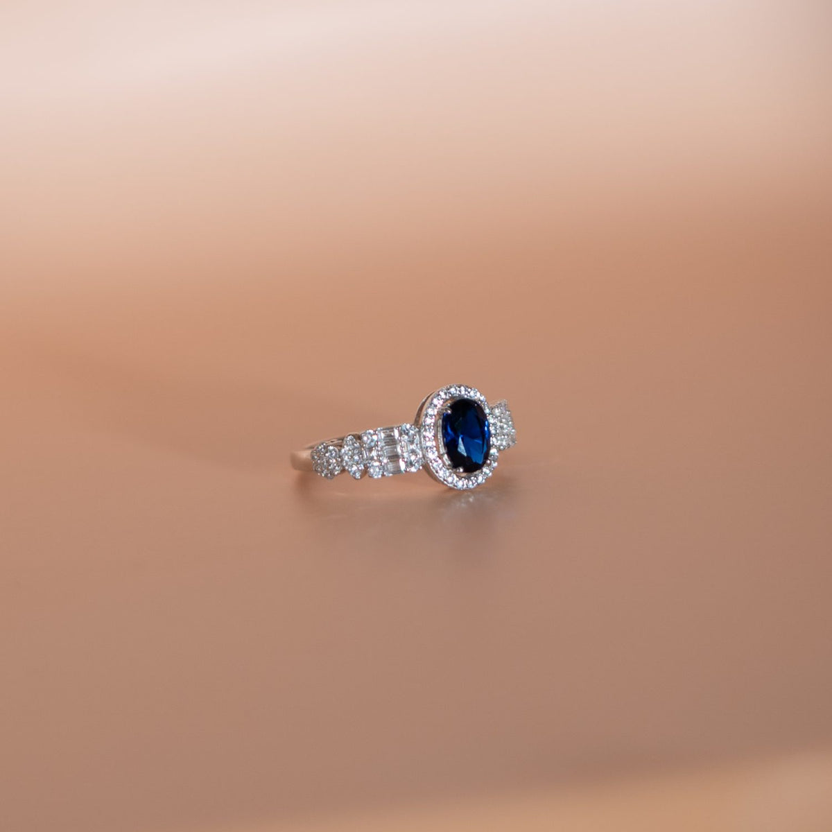 Silver Blue Cushion Halo Ring