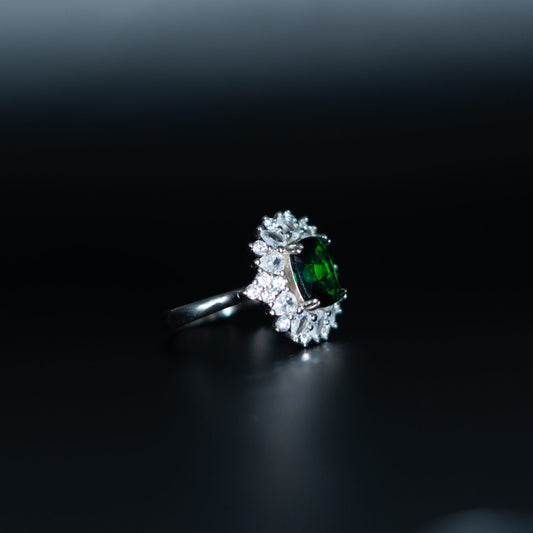 Silver Emerald Pear Halo Ring